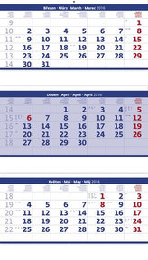 Kalendář nástěnný 2016 - Tříměsíční - skládaný modrý