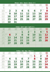 Kalendář nástěnný 2016 - Tříměsíční - zelený