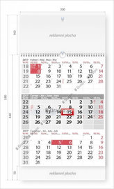 Kalendář nástěnný 2017 - Tříměsíční šedý s laší