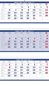 Kalendář nástěnný 2017 - 3měsíční/modrý skládaný s jmenným kalendáriem