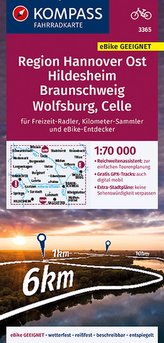 KOMPASS Fahrradkarte Region Hannover Ost, Hildesheim, Braunschweig, Wolfsburg, Celle 3365, 1:70 000