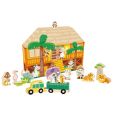 Safari/ZOO figurky dřevo + domeček 16ks ve fólii 27x20x5cm 24m+