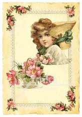 Pohlednice - Růžové květy a holčička, klobouk