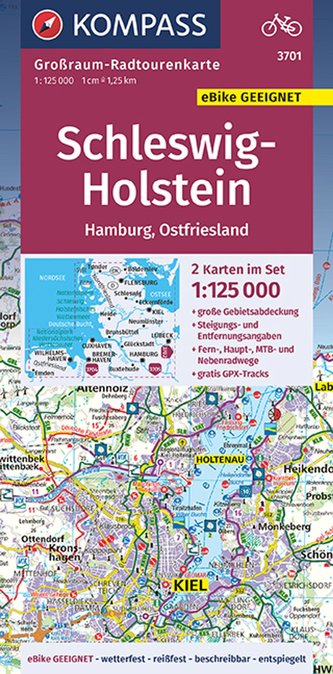 KOMPASS Großraum-Radtourenkarte 3701, Schleswig-Holstein, Hamburg, Ostfriesland, 1:125 000