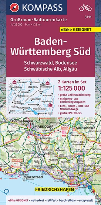 KOMPASS Großraum-Radtourenkarte 3711, Baden-Württemberg Süd, Schwarzwald, Bodensee, Schwäbische Alb, Allgäu 1:125000