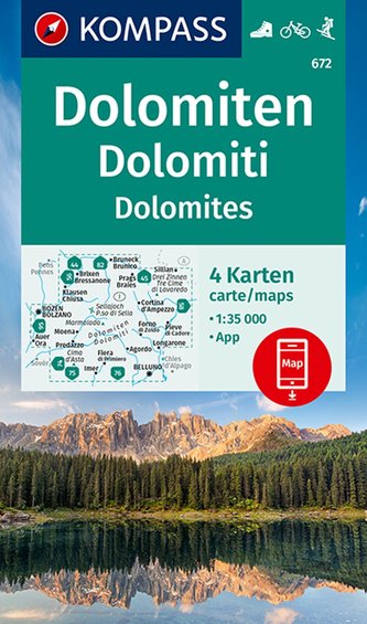 KOMPASS Wanderkarte 672 Dolomiten, Dolomites, Dolomiti 1:35000 (4 Karten im Set)