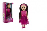 Panenka nemrkací plast stojící rovné hnědé vlasy, růžové šaty 46cm v krabici 24x49x13cm