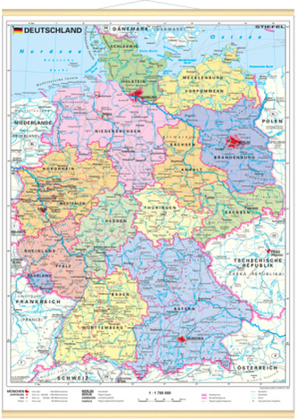 Stiefel Wandkarte Miniformat Deutschland, politisch, mit Holzstäben Stiefel Wandkarte Miniformat Deutschland, politisch, mit Holzstäben