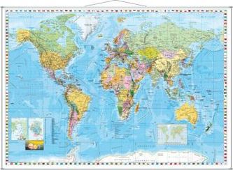 Stiefel Wandkarte Großformat Weltkarte, politisch mit Flaggenrand, englische Ausgabe, mit Metallstäben Stiefel Wandkarte Großformat Weltkarte, politisch mit Flaggenrand, englische Ausgabe, mit Metallstäben