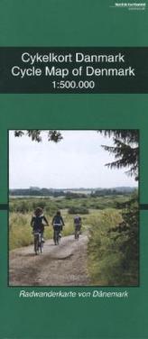 Radwanderkarte von Dänemark. Cykelkort Danmark. Cycle Map of Denmark