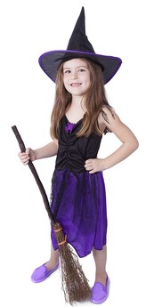 Dětský kostým fialový s kloboukem Čarodějnice/Halloween (M)