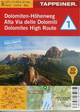 3D-Wanderkarte Dolomiten-Höhenweg 1. 1 : 25 000